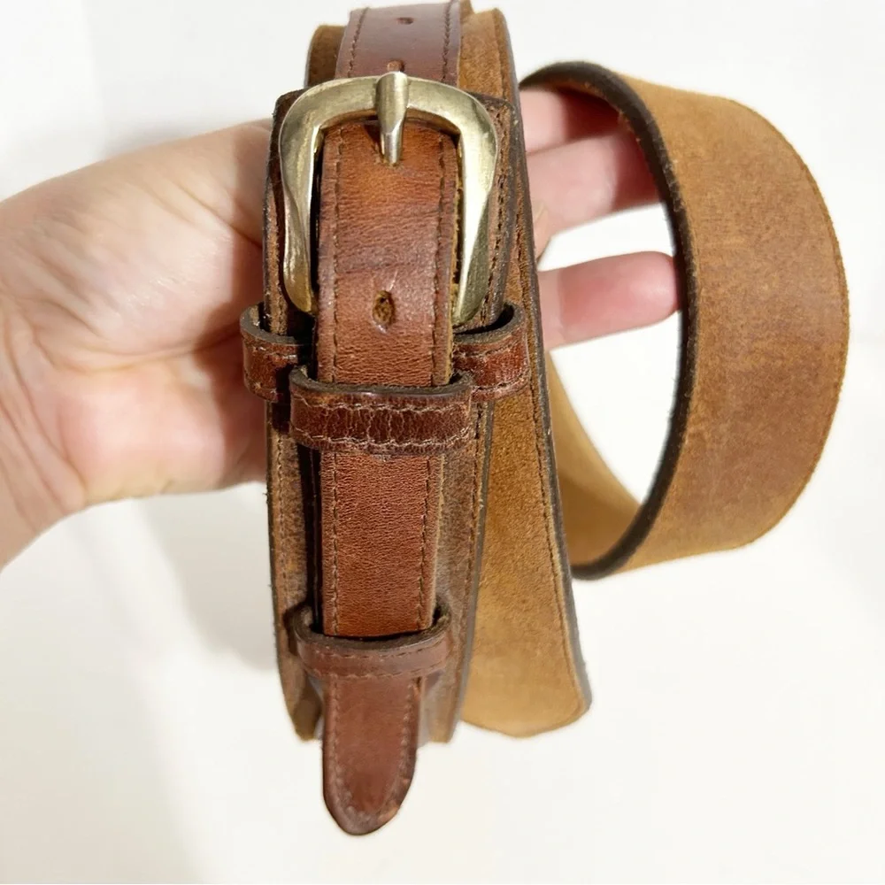 Unique Unbranded Leather Belt with Double Belt Design Light Brown Tan Brass Tone